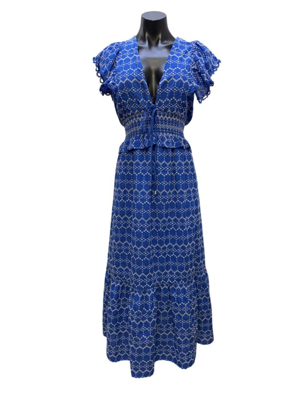 O.P.T Blue & White Embroidered Midi Dress With Ruffled Sleeves M